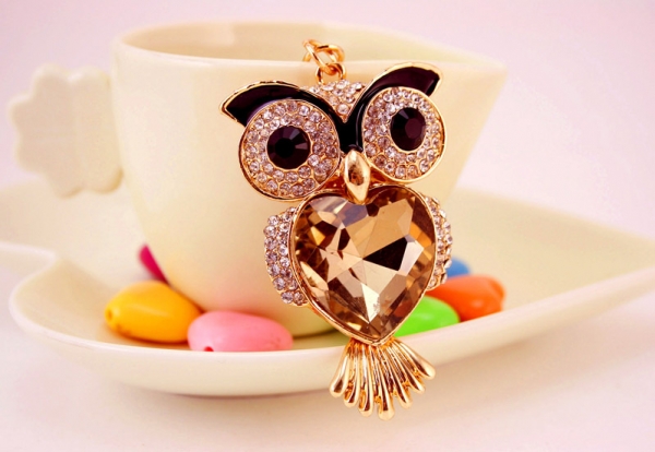 Coffee Gemstone Owl Sparkling Crystal Diamante Rhinestone Bag Charm Handbag Pendant Keyring Chain