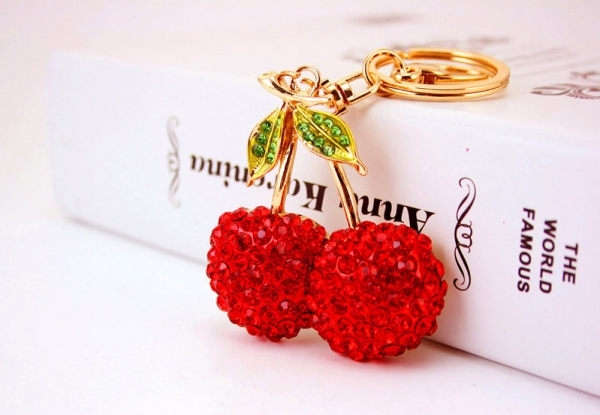 Red Cherry Fruit Sparkling Crystal Diamante Rhinestone Bag Charms Handbag Pendant Keyring Key Chain