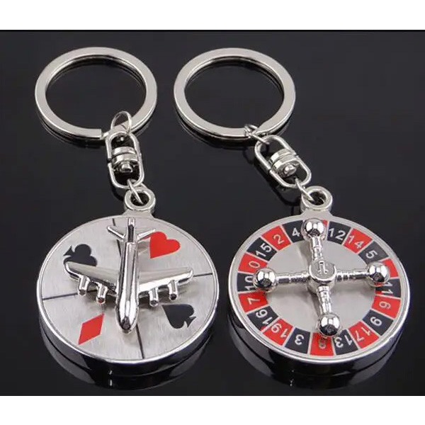 Casino Roulette Spinning Wheel Silver Metal Keyring Airplane Playing Card Pips