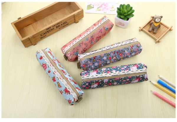 Floral Flowers Patterned Fabric Pencil Case Cosmetics Make Up Bag Pen Pouches