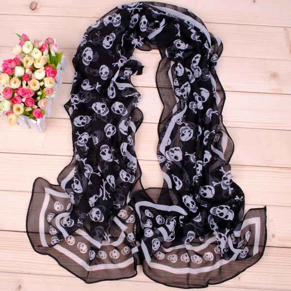 160 50cm Black White Skulls X030 Fashion Ladies Scarves Chiffon Scarf Womens Shawls