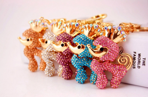 Poodle Dog Puppy Crystal Diamante Bag Charms Handbag Keyrings Pendant Key Chain