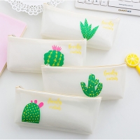 Green Cactus Pink Flowers Cute Floral White Pencil Case Makeup Bag Pen Pouch