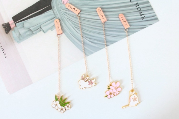 Cat Rabbit White Pink Cherry Blossom Metal Pendant Chain Bookmarks For Books