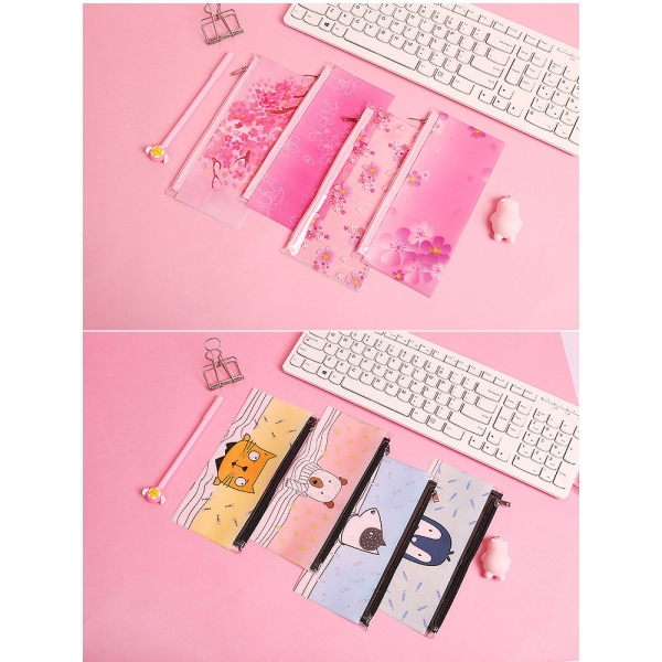 Cute Dog Cat Bear Animals Flowers Plastic Pencil Cases Floral Cosmetics Make Up Bags Pen Pouches