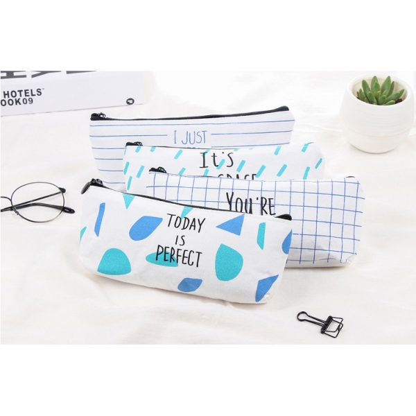 Greeting Phrase White Patterned Canvas Pencil Cases Cosmetics Make Up Bags