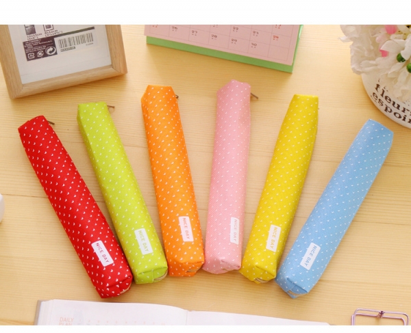White Spots Patterned Cute Canvas Pencil Cases Cosmetics Make Up Bag Pen Pouches