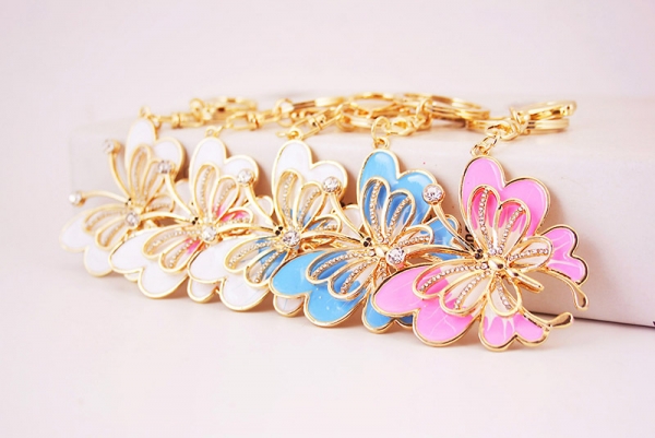 White Pink Blue Butterfly Crystal Diamante Bag Charms Handbag Keyrings Pendant