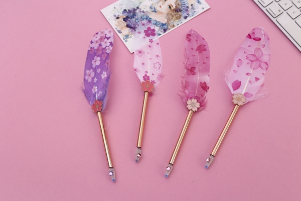 Luxury Bird Feather Pink Cherry Blossom Flowers Print Ballpoint Gel Pens