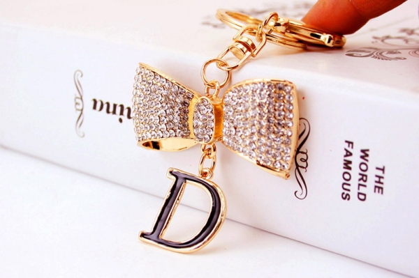 Sparkling White Bow Letter D Crystal Diamante Bag Charms Handbag Keyring Pendant