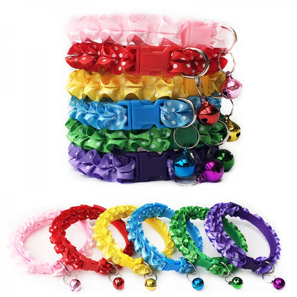 Dots Patterned Lace Cat Collar Adjustable Kitten Puppy Dog Pet Bell Snap Buckle