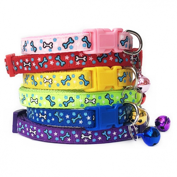 Bones Patterned Adjustable Kitten Cat Collar With Bell And Snap Buckle