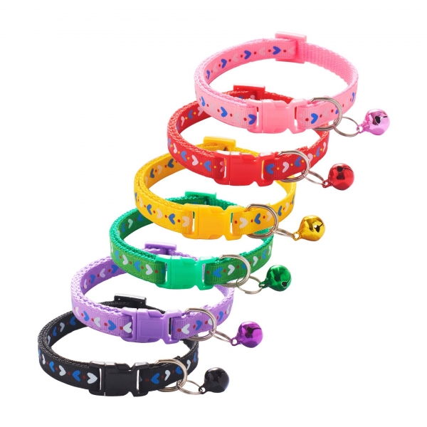 Hearts Patterned Adjustable Cat Collar Kitten Puppy Dog Pet Bell Snap Buckle