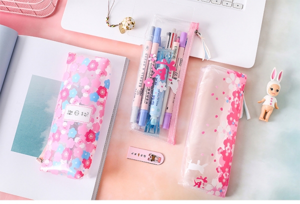 Japanese Pink Cherry Blossom Flowers White Cat Clear Pencil Case Cosmetic Bag