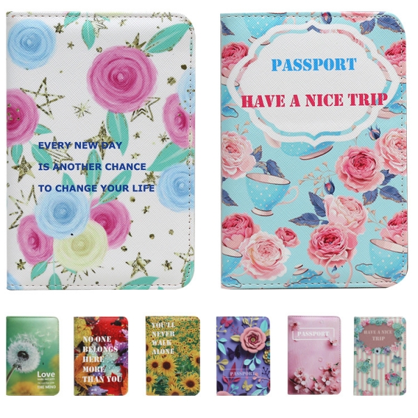 Flowers Pattern Faux Leather Passport Cover Cute Floral Travel ID Wallet Case