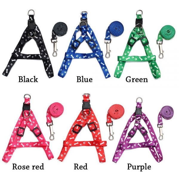 Paws Bones Patterned Print Small Dog Cat Pet Adjustable Harness Leash Lead Set