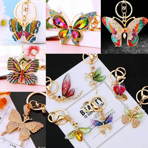 Colourful Tropical Butterfly Crystal Diamante Bag Charms Handbag Keyring Pendant