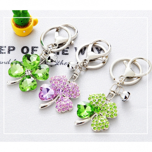 Clover Flowers Crystal Diamante Floral Bag Charms Handbag Women Keyrings Pendant